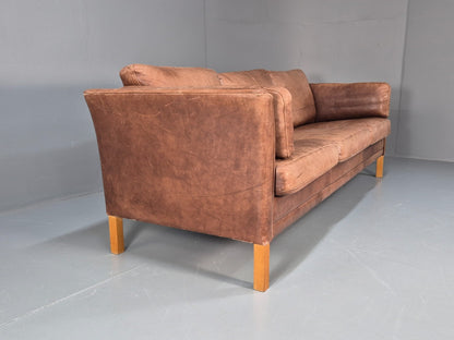 Retro Three Seater Sofa Brown Leather Danish Mid Century Design 70s EB10106 M3SS11