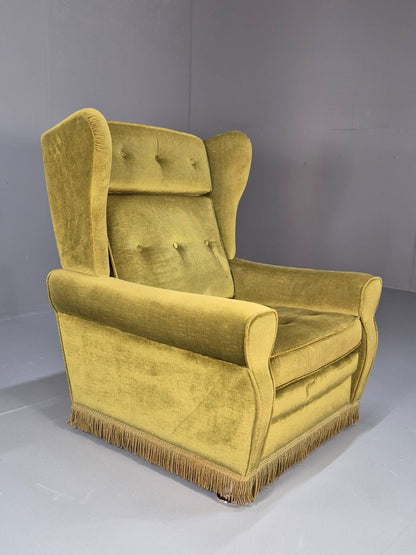 Vintage Danish Green Wing Back Lounge Chair 1970s Retro Tassels EB9576 VCLO - UKDK FURNITURE