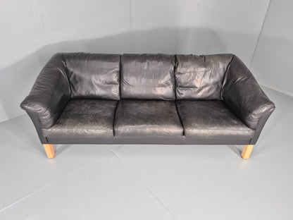 Vintage 3 Seat Sofa Danish Black Leather 1980s Retro EB8626 M3SS3