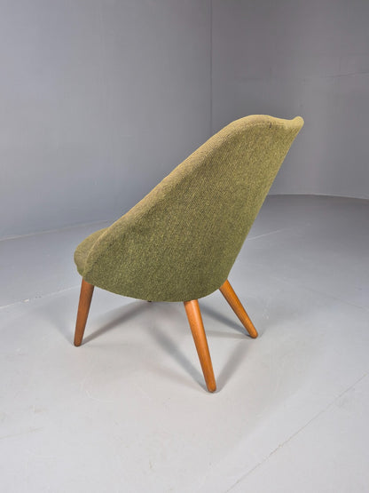 Vintage Danish Lounge Chair Curved Tub Form Green Wool Teak Legs MCM EB9264 MNOR - UKDK FURNITURE