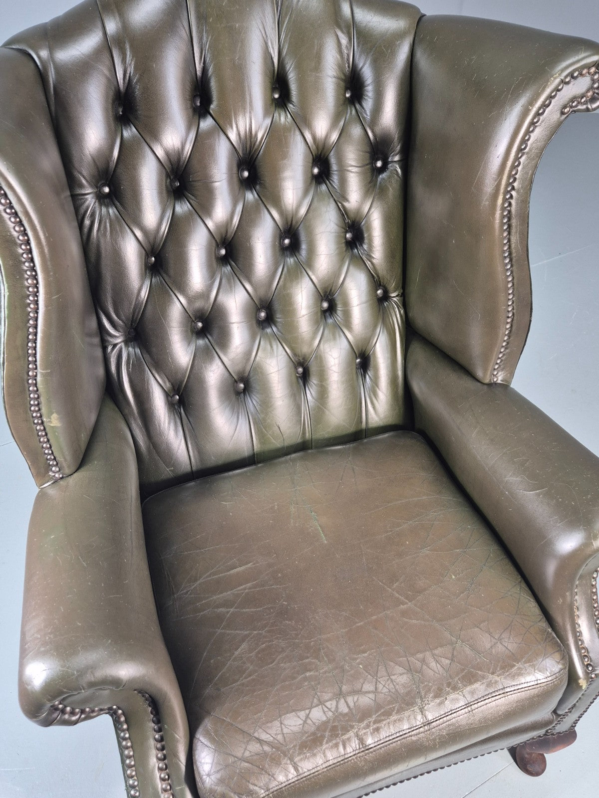 Vintage Wingback Leather Lounge Chair Queen Anne Style 1970s Retro EB11532 VLEA17