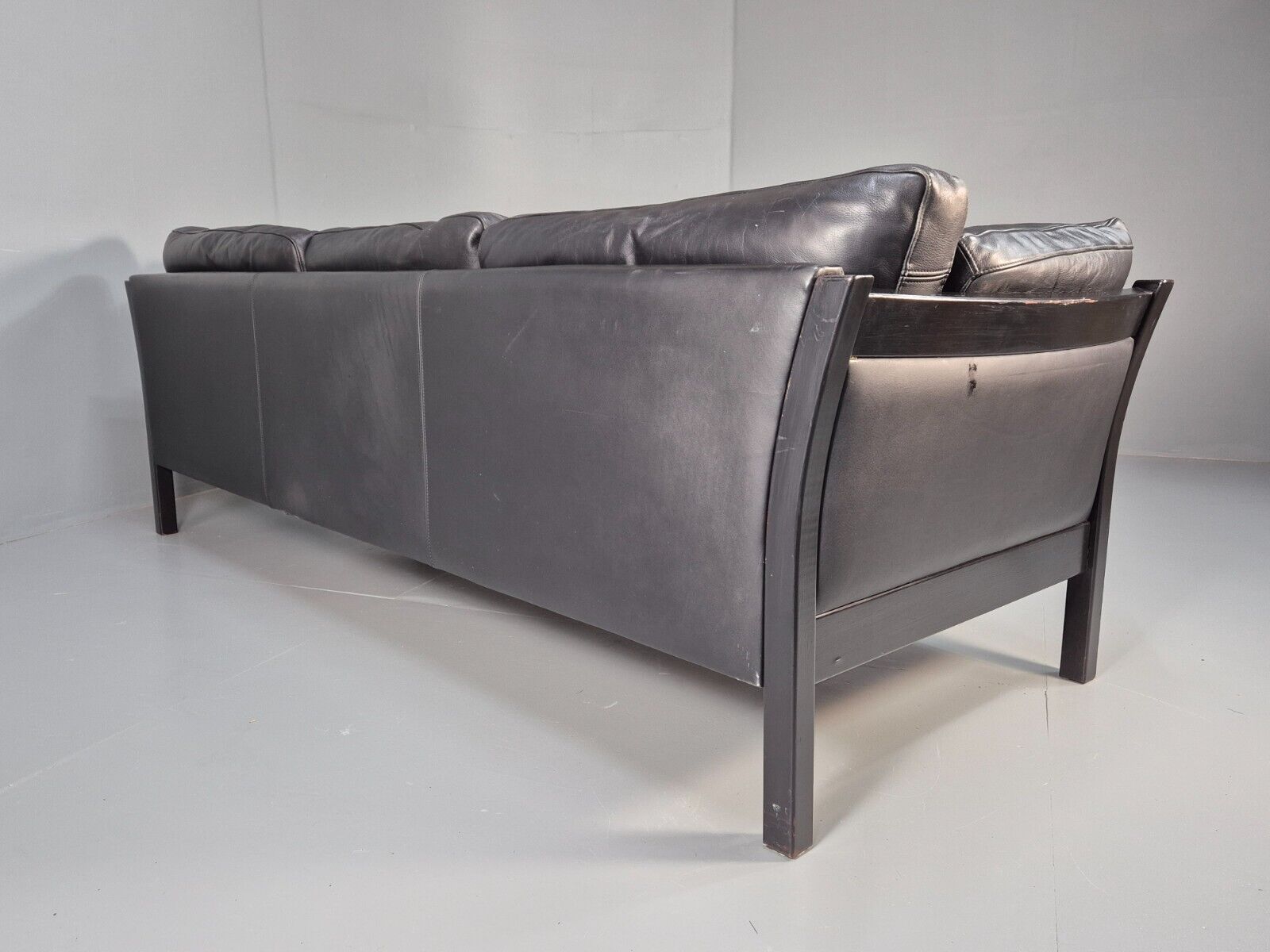 Vintage Danish 3 Seat Sofa Black leather Wood Frame Retro 1980s MCM EB8698 M3SS - UKDK FURNITURE
