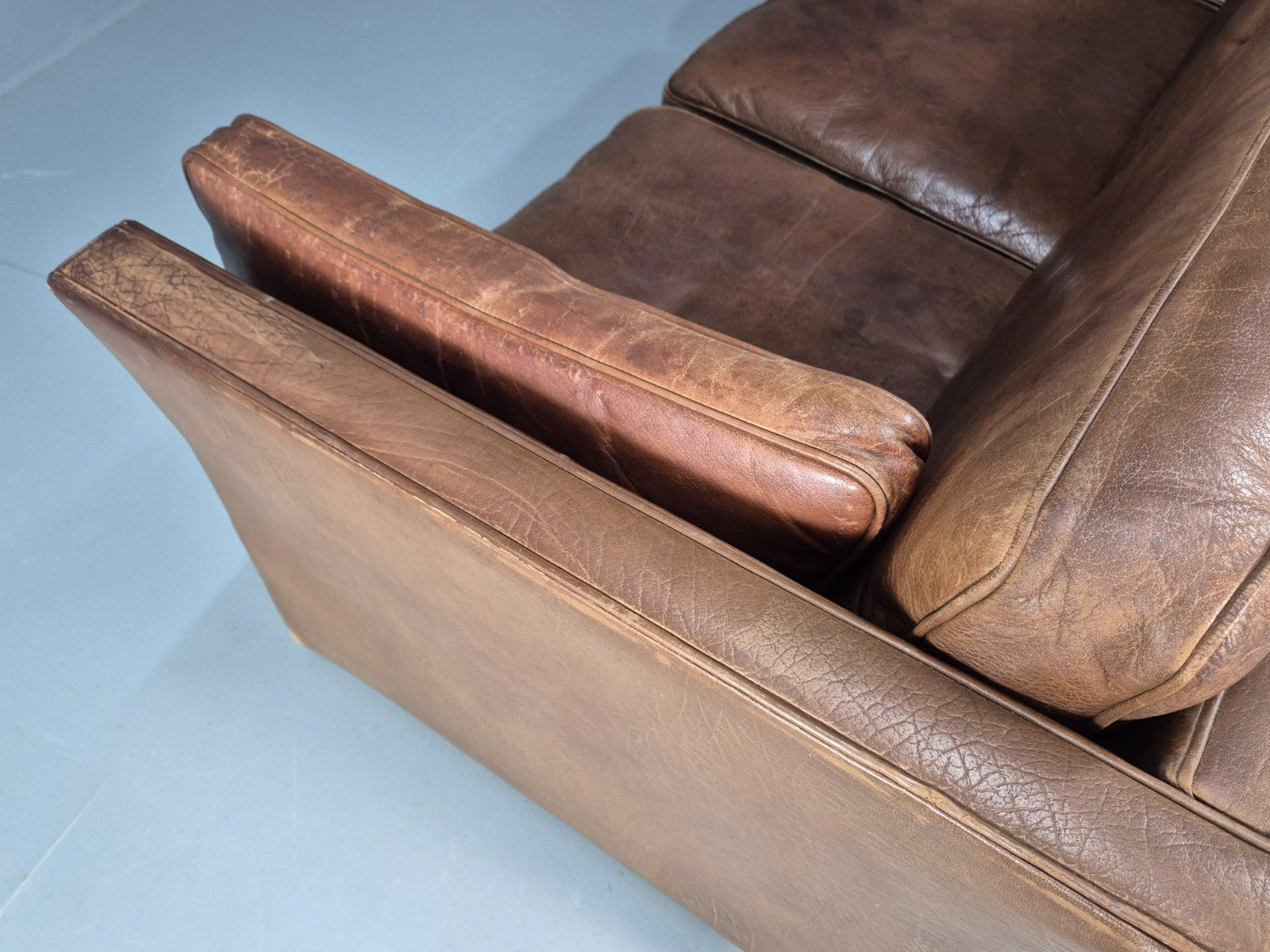 Mid Century 3 Seater Leather Sofa Danish Tan Leather  1970s Retro EB10102 M3SS20