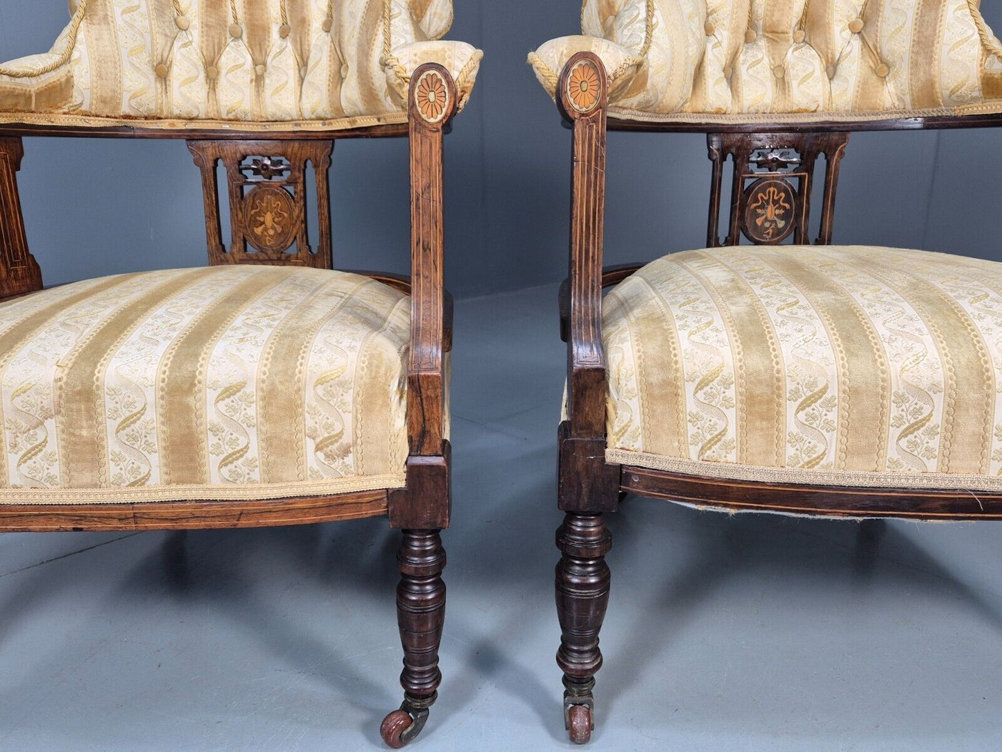 2 Vintage Lounge Chair Gold Stripe Mahogany Inlay Edwardian Revival EB8429 VCLO - UKDK FURNITURE