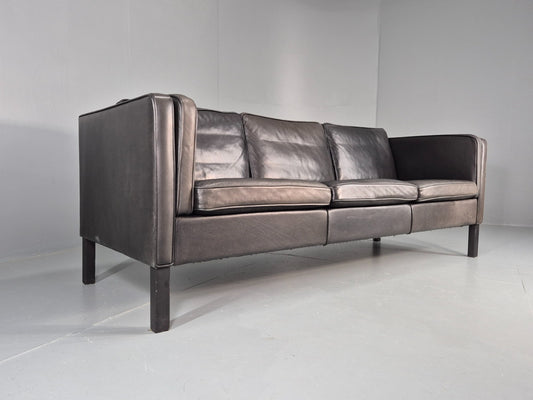 Vintage Danish 3 Seater Black Leather Sofa 1970s Retro Mid Century EB11923 M3SS1