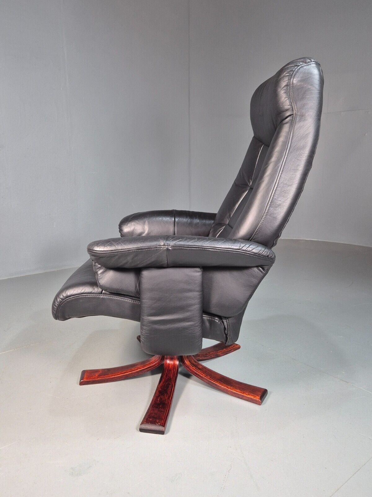 Vintage Danish Swivel Lounge Chair Black Leather Recline 1980 Retro EB8249 MSWI - UKDK FURNITURE