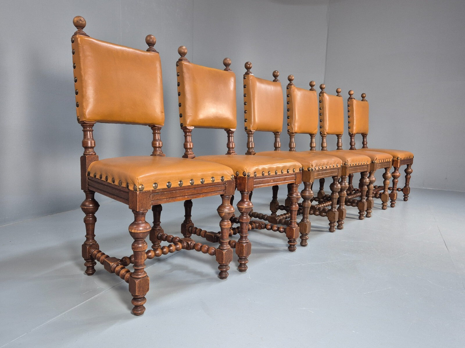 6 Vintage Danish Baroque Style Dining Chairs Tan Leather and Oak 50s EB9747 VDIN - UKDK FURNITURE