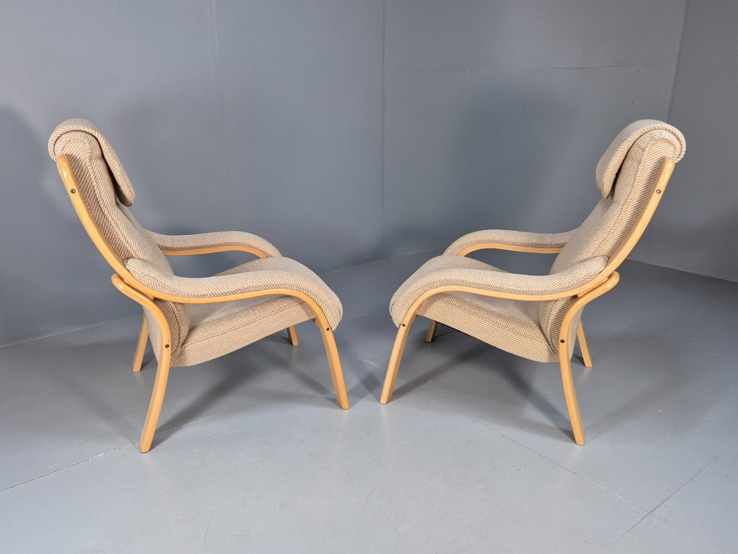 Bentwood Lounge Chairs Pair Oatmeal Fabric Beech Wood Danish Design EB9251 MBEN - UKDK FURNITURE