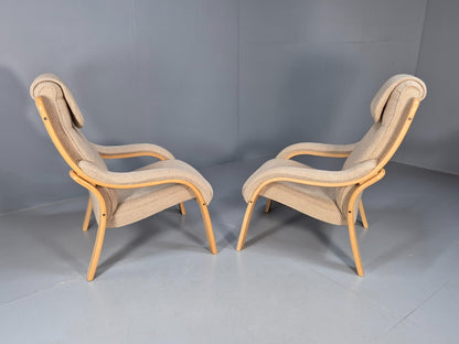 Bentwood Lounge Chairs Pair Oatmeal Fabric Beech Wood Danish Design EB9251 MBEN - UKDK FURNITURE