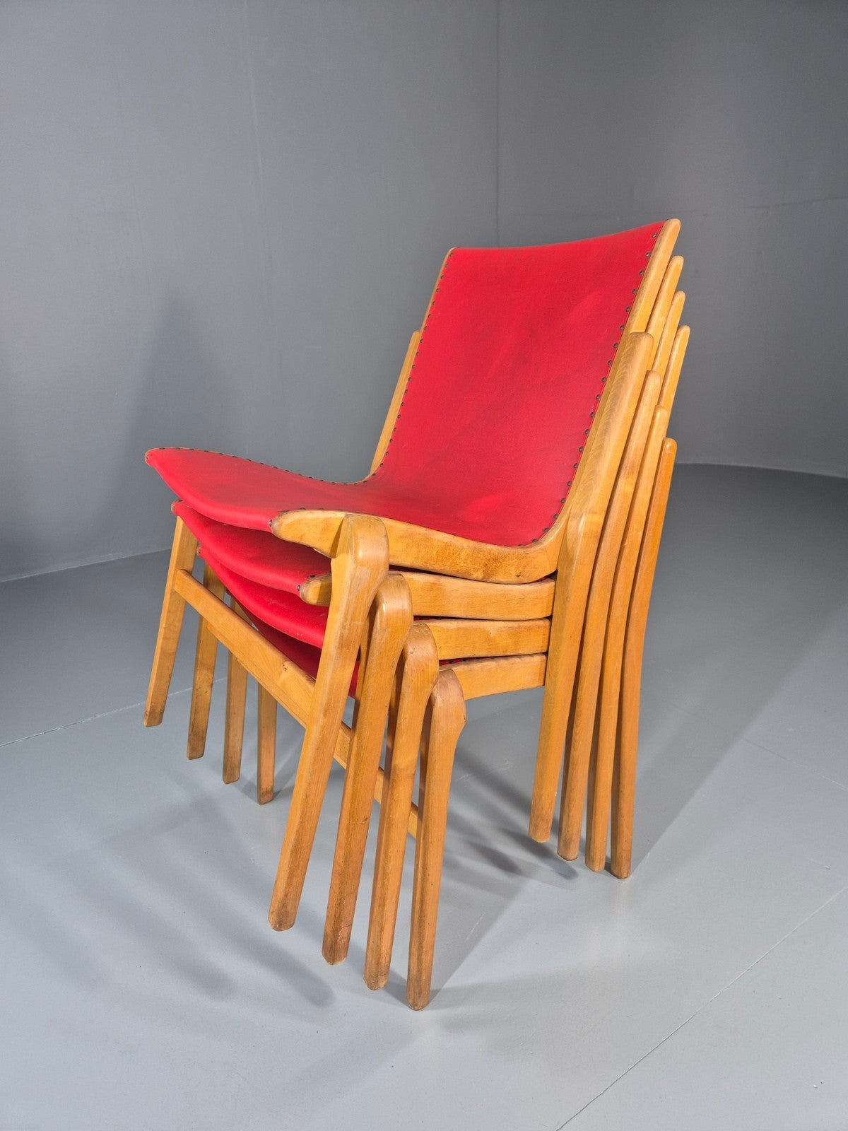 4 Stacking Lounge Chairs 1950s Swedish Red Beech Mid Century Retro EB11102 MDIN16