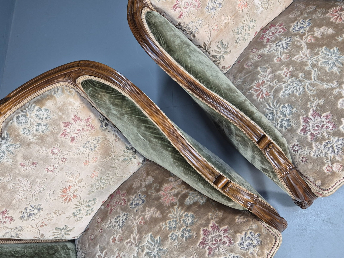 2 Vintage Rococo Armchairs 1920s Danish Green and Floral Antique EB9555 VCLO - UKDK FURNITURE