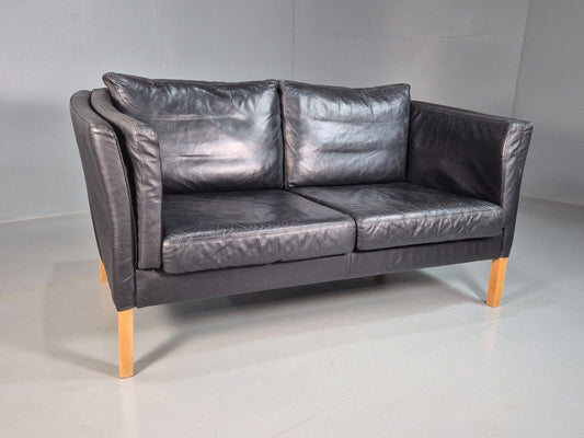 Vintage Danish 2 Seat Sofa Black Leather 1980s Retro MCM EB7625 M2SS - UKDK FURNITURE