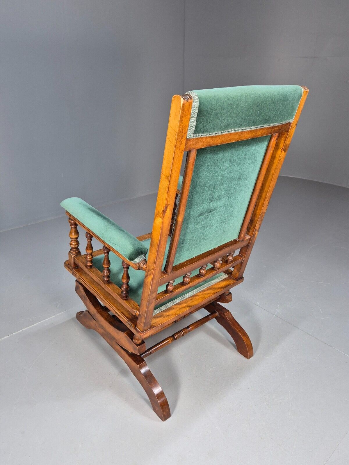 An Edwardian Mahogany Rocking Chair American Style Green Velvet EB9386 VCLO - UKDK FURNITURE