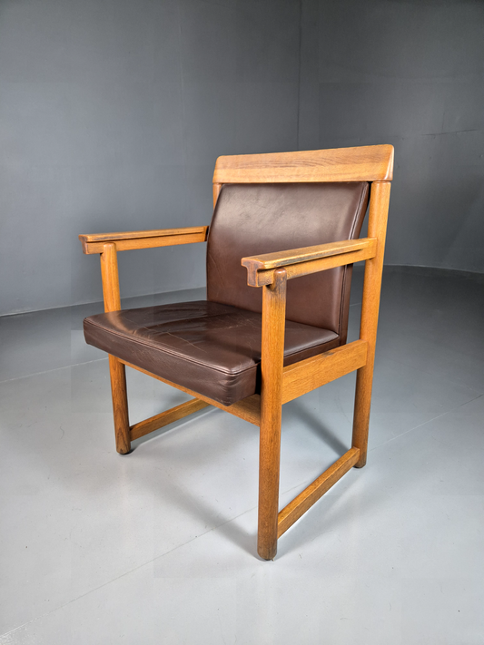 Vintage Scandinavian Elbow Chair Brown Leather Oak Frame Retro MCM EB7074 MNOR - UKDK FURNITURE