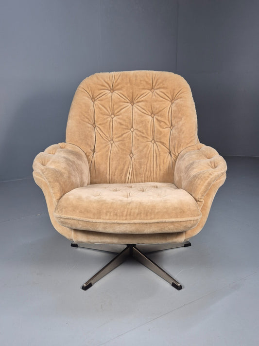 Vintage Swivel Chair Beige Velour 1970s Retro Danish Mid Century EB9313 MNOR - UKDK FURNITURE