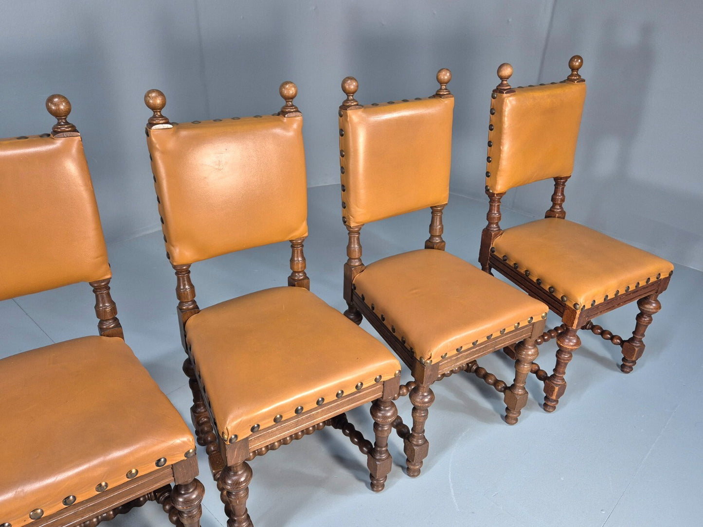 6 Vintage Danish Baroque Style Dining Chairs Tan Leather and Oak 50s EB9747 VDIN - UKDK FURNITURE