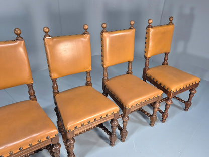 6 Vintage Danish Baroque Style Dining Chairs Tan Leather and Oak 50s EB9747 VDIN - UKDK FURNITURE