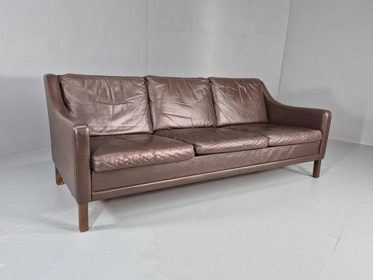 Vintage 3 Seat Leather Sofa 1970s Danish Brown Mid Century Retro EB10519 M3SS0
