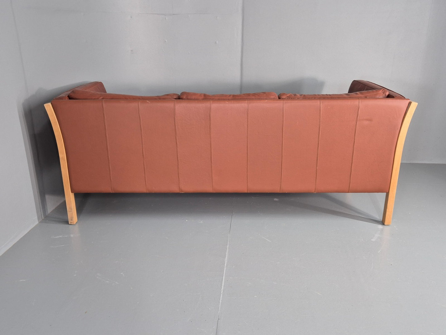Vintage Stouby 3 Seat Sofa Reddy Brown Leather Beech Wood Slat EndsEB10525 M3SS15