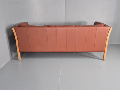 Vintage Stouby 3 Seat Sofa Reddy Brown Leather Beech Wood Slat EndsEB10525 M3SS15