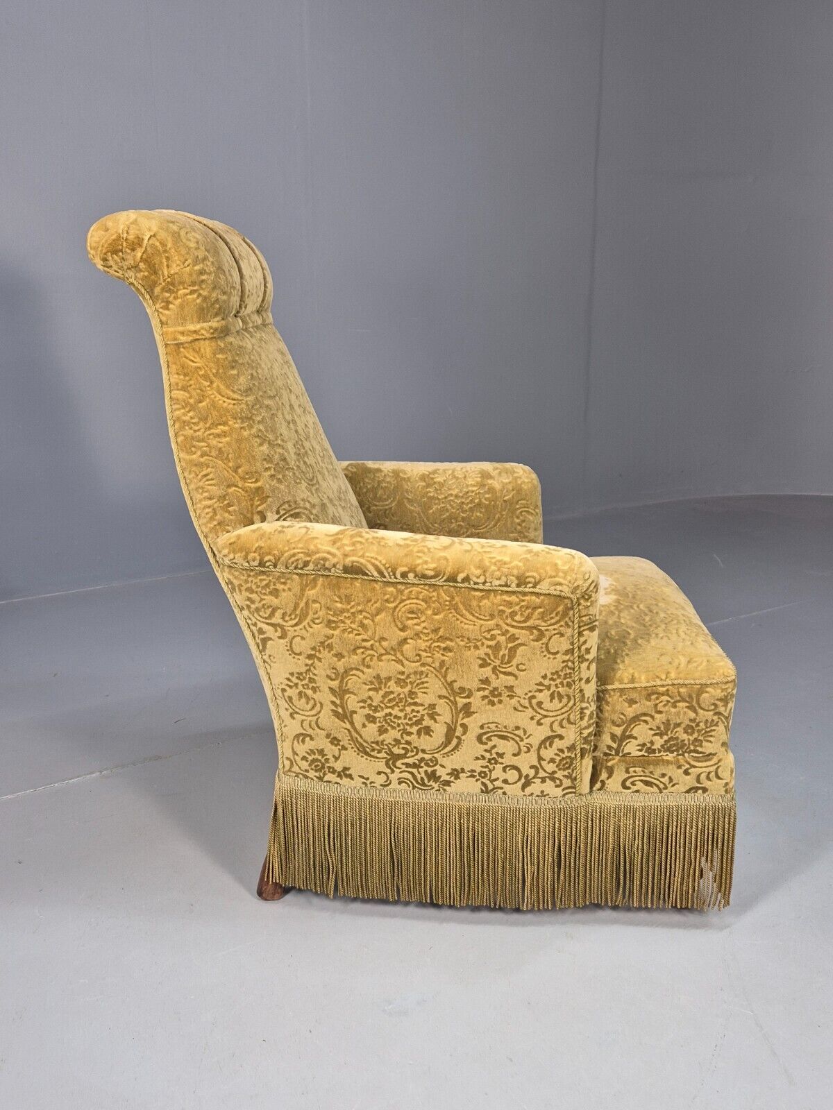 Vintage Danish Lounge Chair Green Moquette Tassels Antique 1900s EB8458 VCLO - UKDK FURNITURE