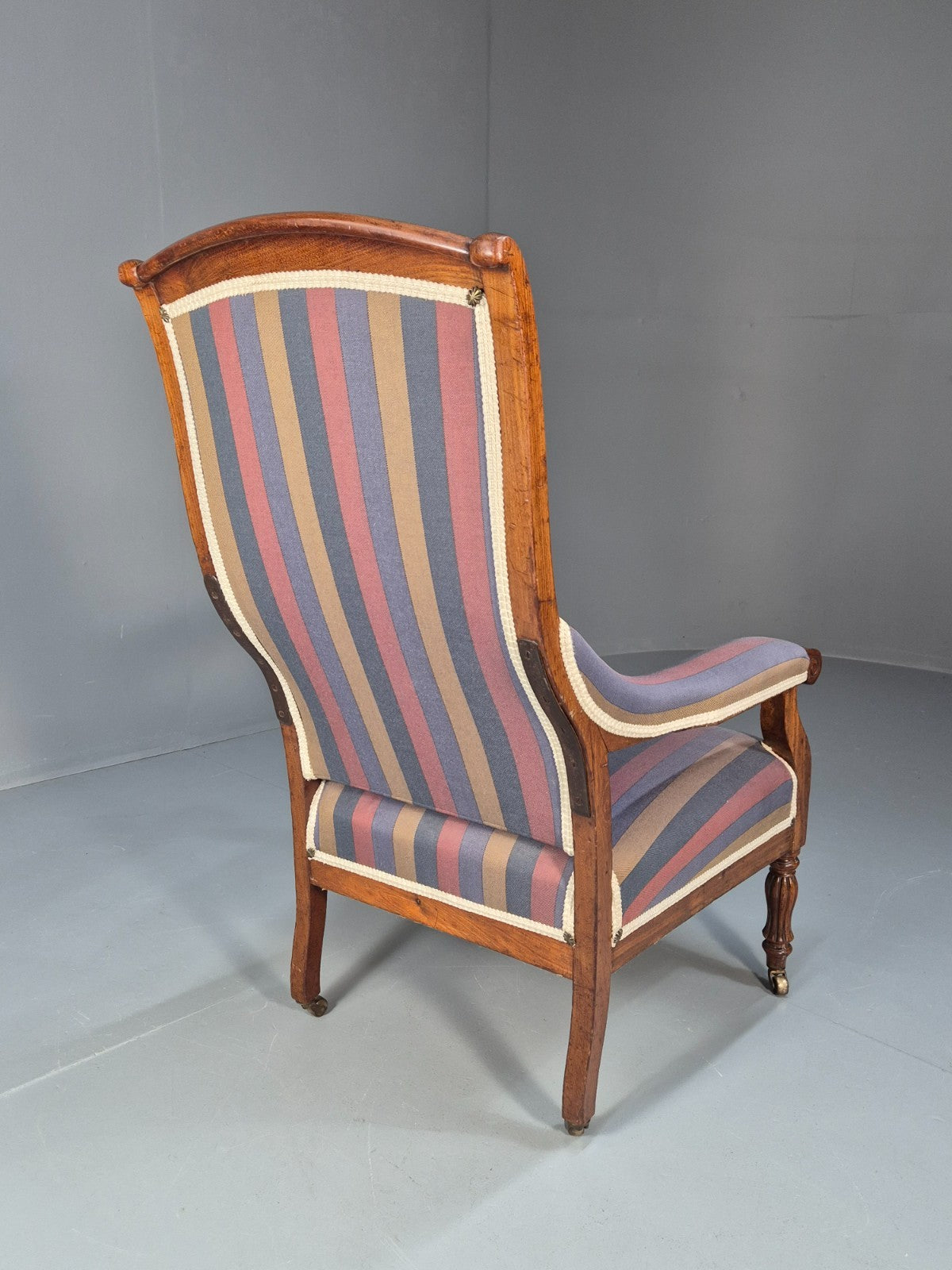 Antique Mahogany Lounge Chair Striped Cotton Upholstery EB10625 VCLO14