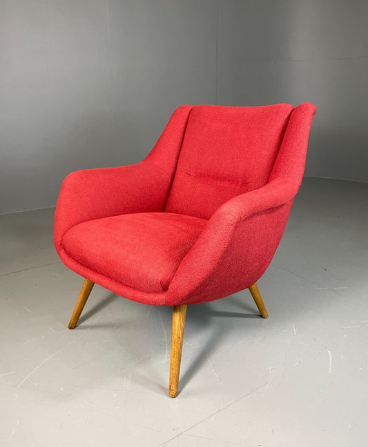 Mid Century Lounge Chair Scandinavian Red Wool Upholstery Vintage EB6423 MNOR0