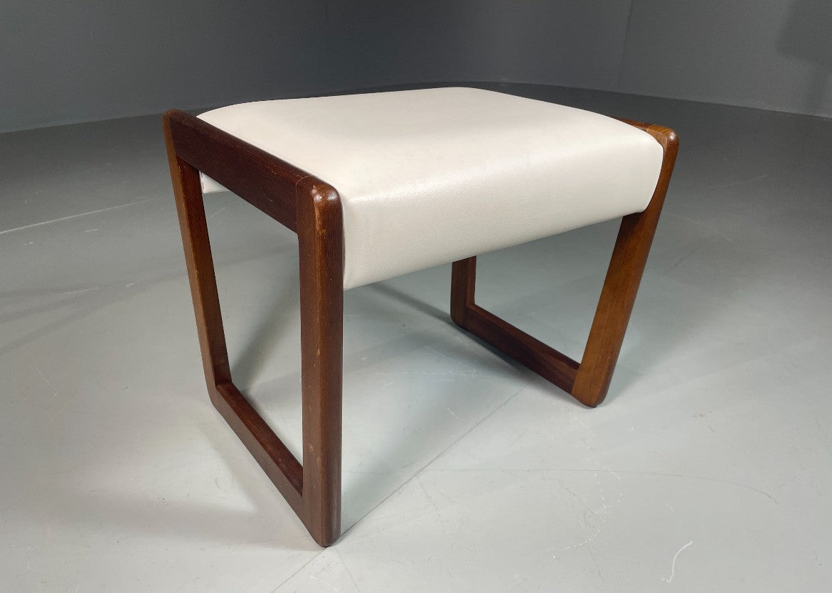 Vintage Stool 1970s Retro Teak and White Vinyl EB6562 MFOO0