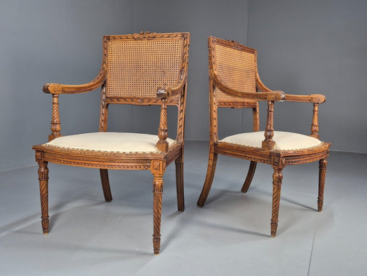 2 Vintage Danish Lounge Chairs Rattan Walnut Louis XVI Style Antique EB8995 VBER - UKDK FURNITURE