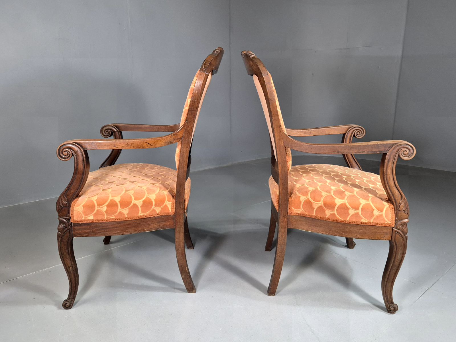 Vintage Fautueil Chairs Orange Upholstery Mahogany Antique  EB7380 VCLO6