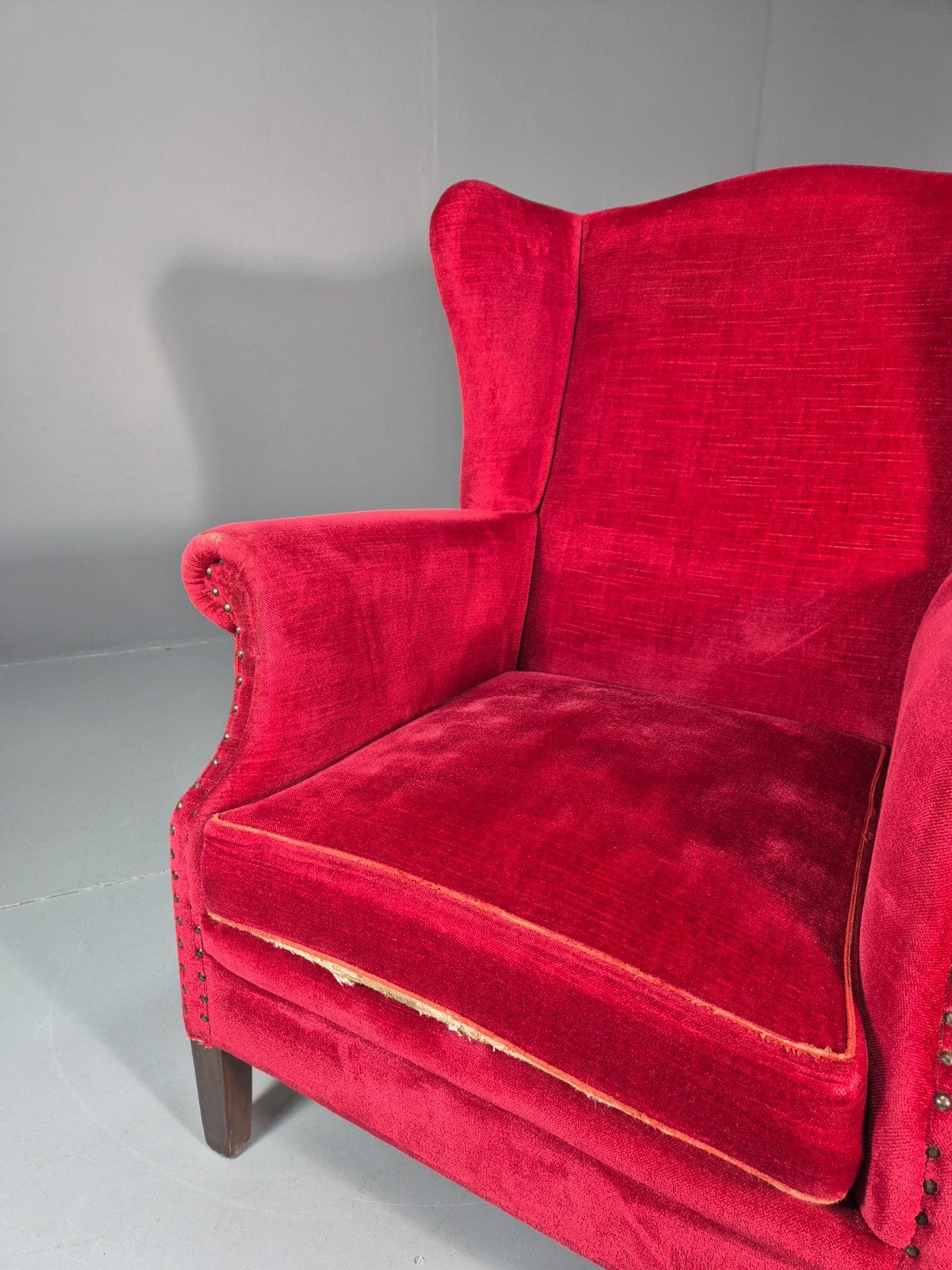 Wing Back Lounge Chair Red Velour Danish 1960s Georgian Style EB10754 VCLO7
