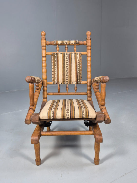 Vintage Childs American Style Rocking Chair Oak and Stripe Wool EB9577 MNOR - UKDK FURNITURE