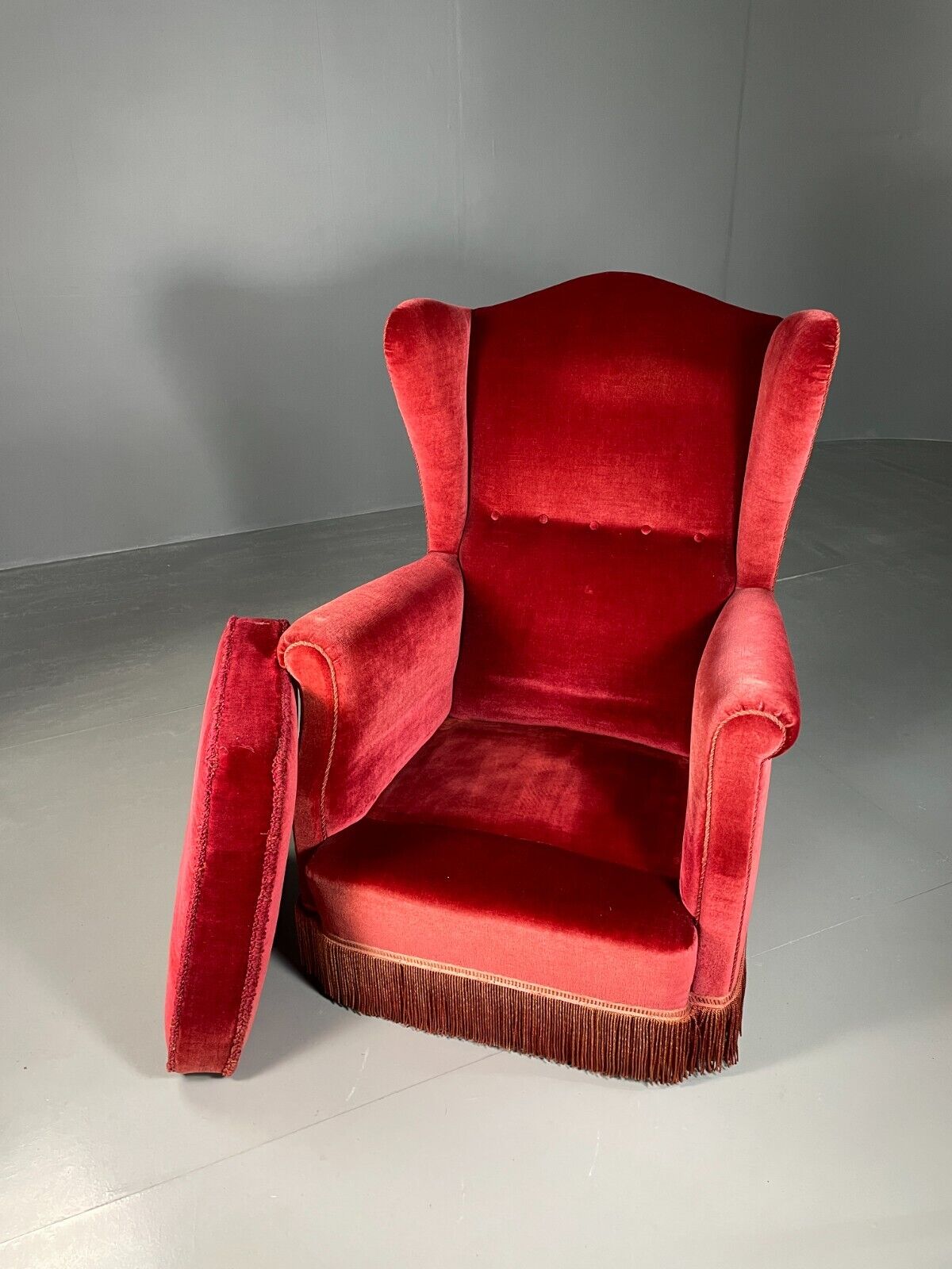 Vintage Danish Wingback Lounge Chair Red Velour Tassels 1940s Retro EB6450 VCLO - UKDK FURNITURE