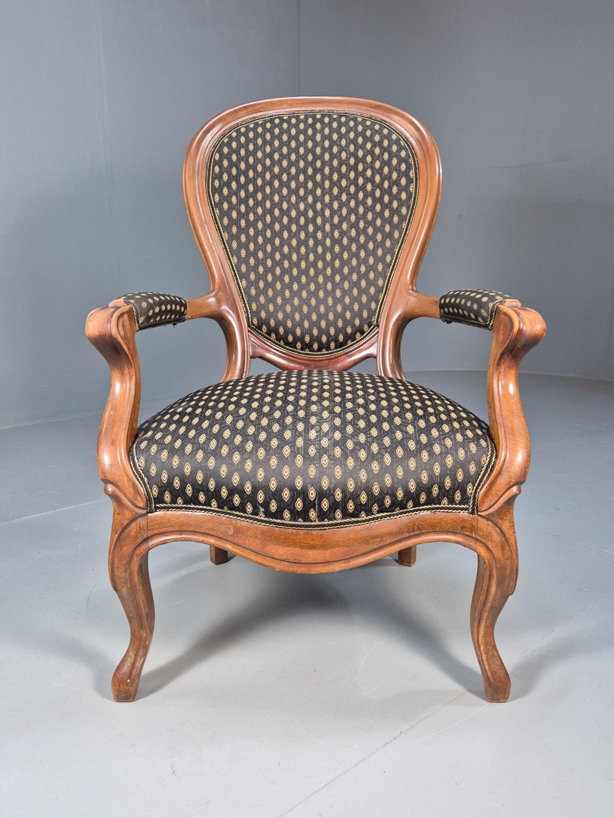 Antique Mahogany Armchair Black Pattern Fabric Louis XV Style EB9552 VCLO - UKDK FURNITURE