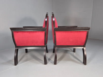 2 Vintage Danish Lounge Chairs Red Velour Mahogany Gondola Style EB8997 VCLO - UKDK FURNITURE