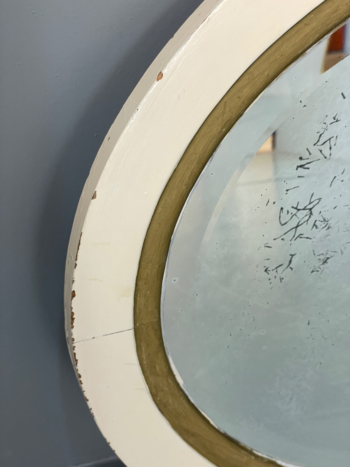 Antique Oval Wall Mirror White & Gold Painted Bevelled Patina EB11051 MWOO4