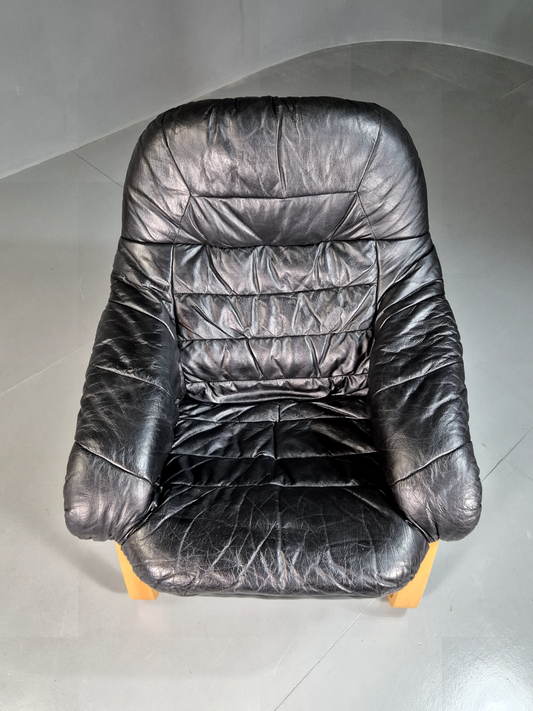 Vintage Danish Lounge Chair Black Leather Bentwood Frame Retro MCM EB7254 MBEN - UKDK FURNITURE