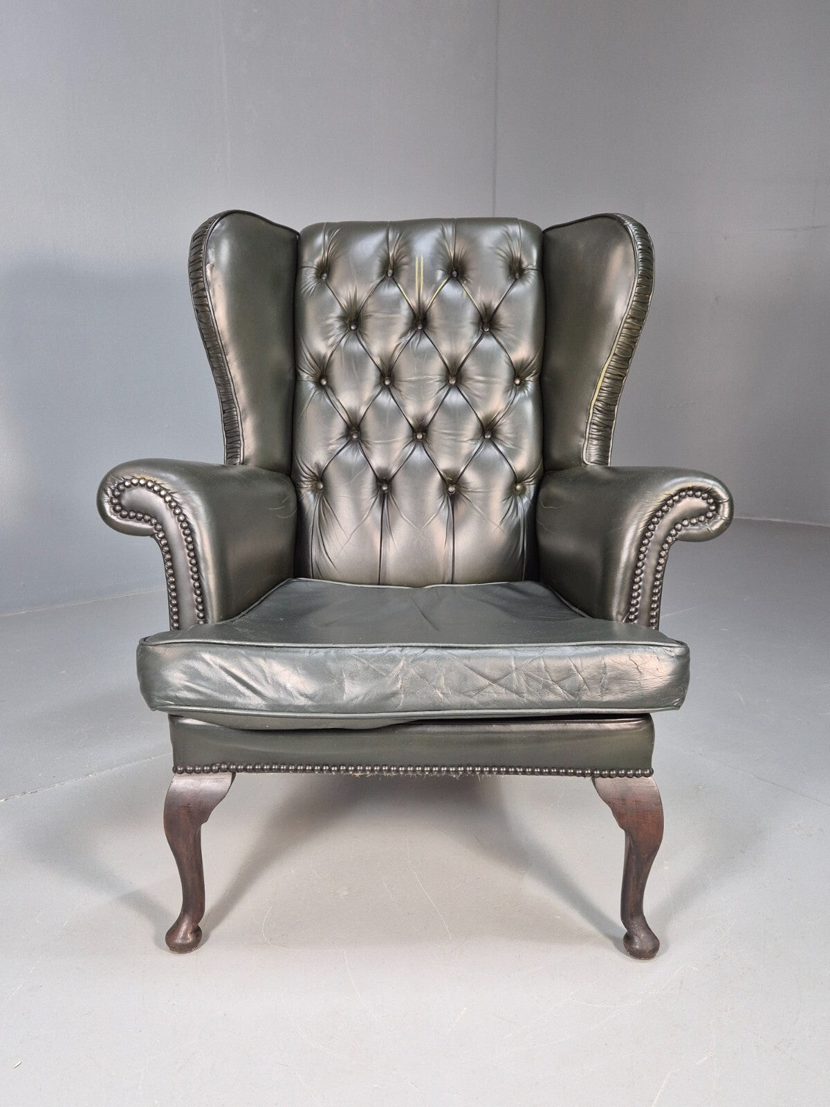 Vintage Chesterfield Armchair Green Leather Pleated Button Back EB9485 VLEA - UKDK FURNITURE
