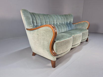 Vintage Danish Art Deco Sofa Blue Velvet Velour Oak Frame Shell Back EB9591 V3SS - UKDK FURNITURE