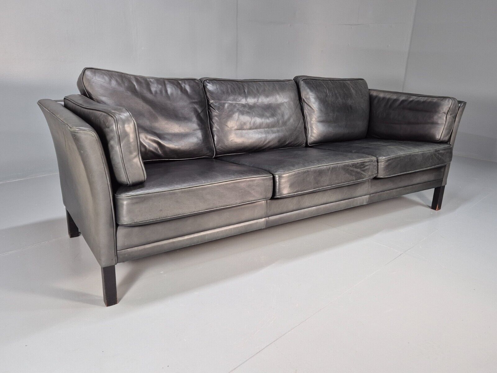 Vintage Danish 3 Seat Sofa Black Leather Mogens Hansen Retro 1970s EB8630 M3SS - UKDK FURNITURE