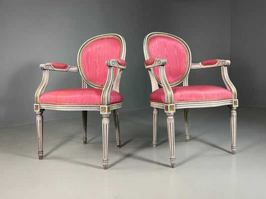 2 Vintage Danish Fauteuils Pink Blue Louis XIV Antique Style EB6755 VCLO - UKDK FURNITURE