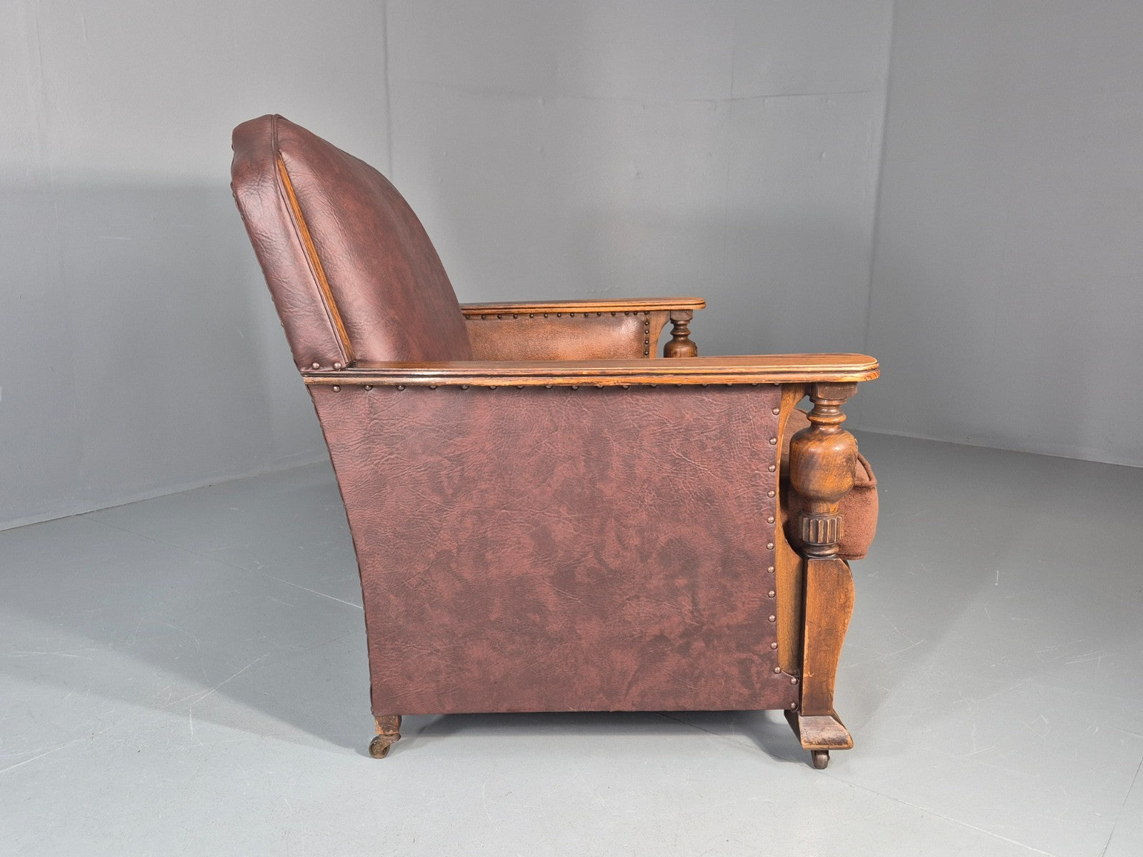 Two Seater Edwardian Sofa Baroque Oak Frame Rexine and Velour EB11265 V2SS9