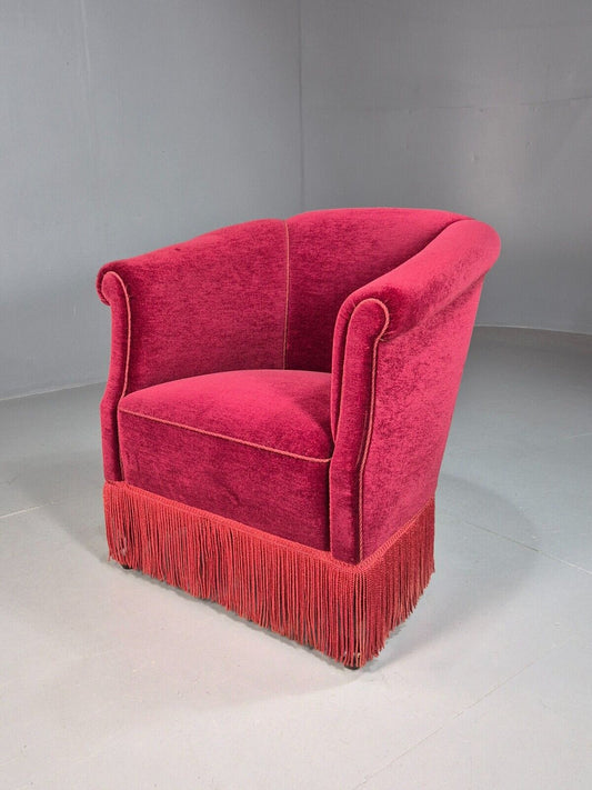 Vintage Danish Red Velour Tub Chair With Tassels Cabriole Legs EB8013 VCLO - UKDK FURNITURE