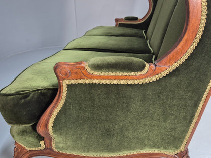 Vintage Rococo Style Three Seater Sofa Green Velour Carved Frame   EB10567 V3SS17