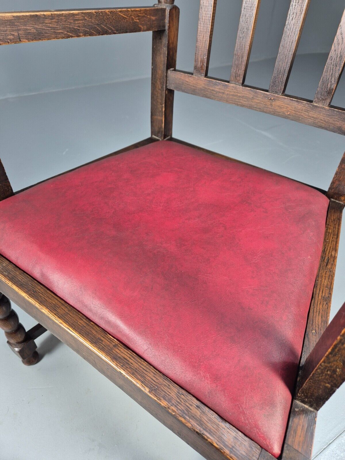 Vintage Elbow Chair Red Vinyl Oak Frame 1920s Antique EB9134 VDIN - UKDK FURNITURE