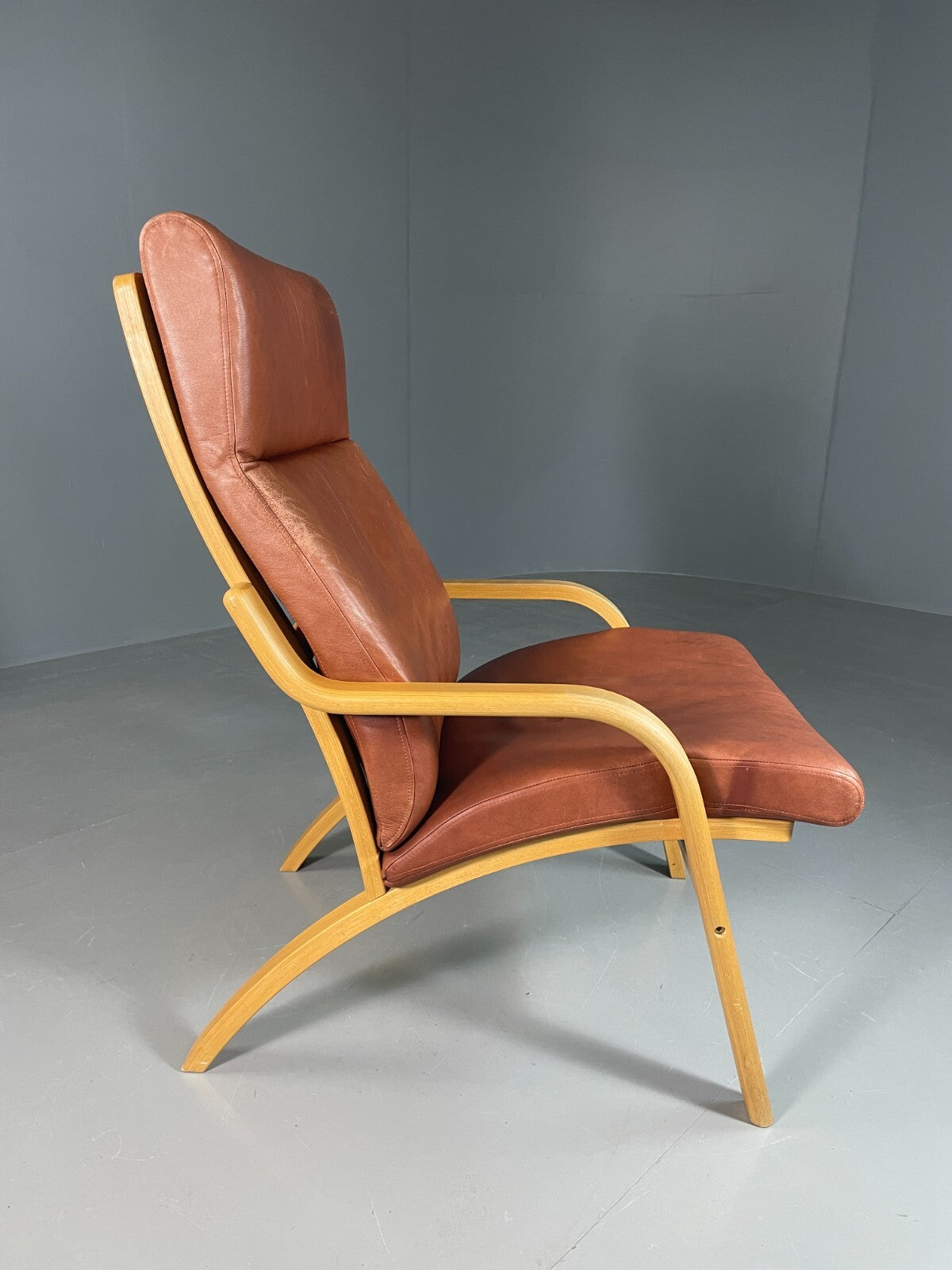 Vintage Danish Lounge Chair Brown Leather Bentwood Stouby Retro MCM EB6648 MBEN7