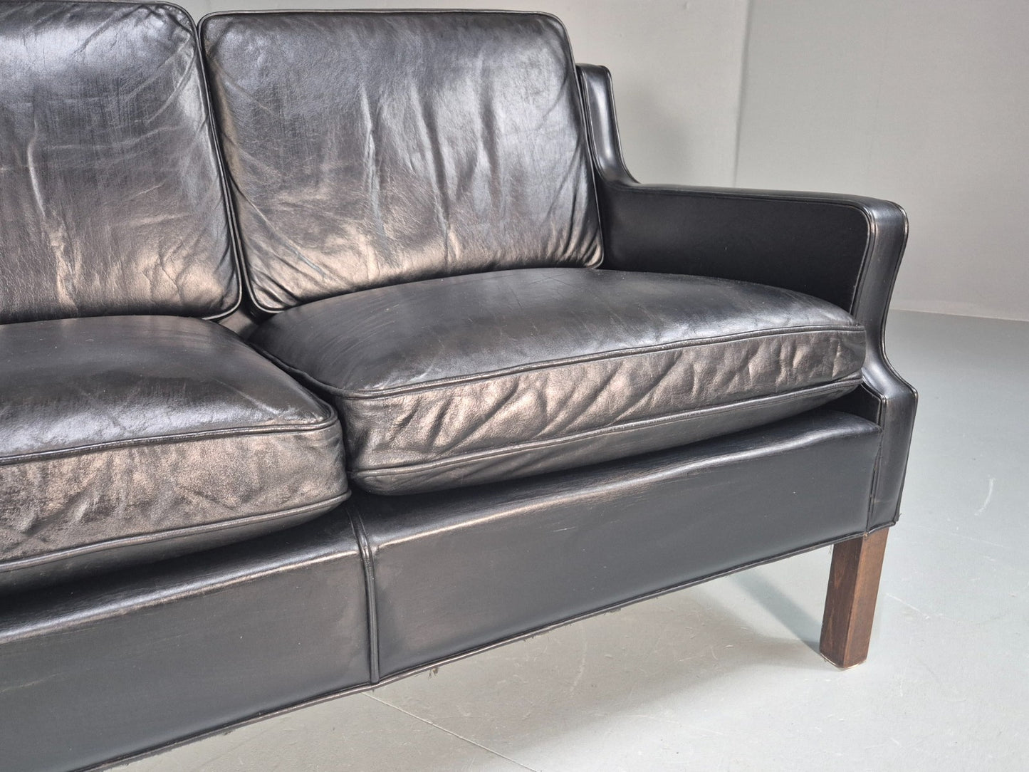 Vintage Three Seat Sofa Black Leather Danish 1960s Mid Century EB10208 M3SS5