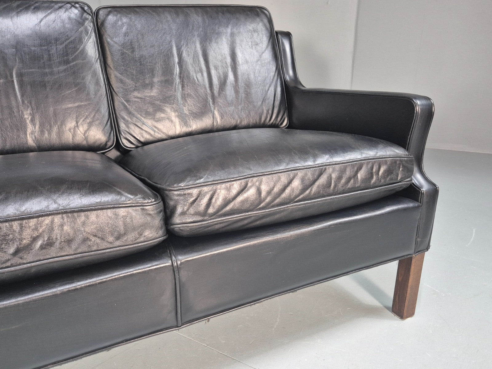 Vintage Three Seat Sofa Black Leather Danish 1960s Mid Century EB10208 M3SS5