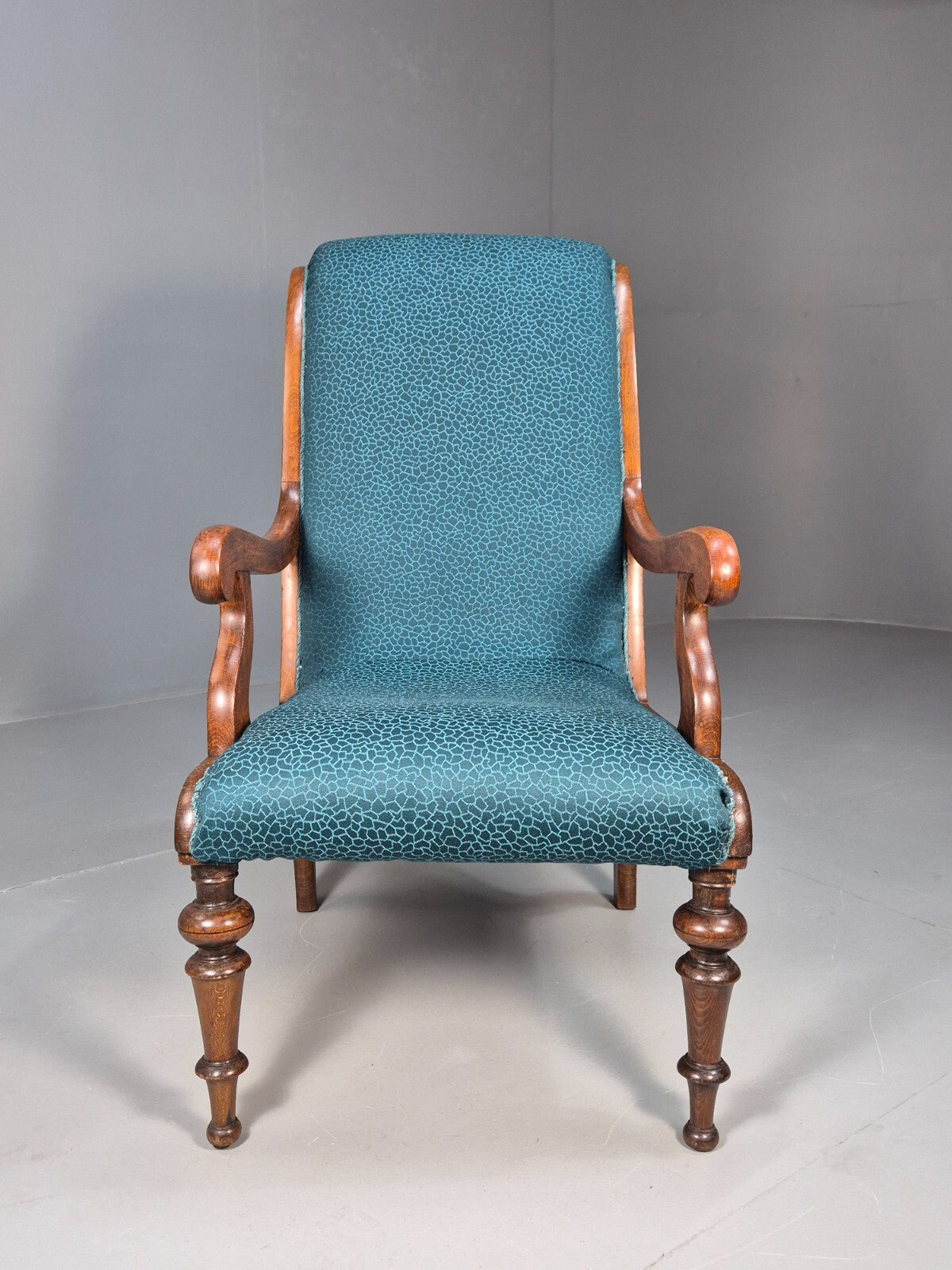Antique Danish Oak Armchair Blue Pattern Fabric Vintage Design EB9625 VCLO - UKDK FURNITURE