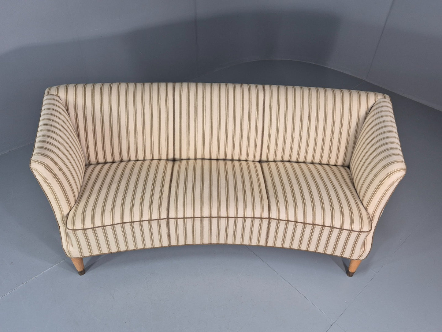 Three Seater Art Deco Curved Sofa 1930s Vintage Cream Green Wool  EB10799 V3SS4